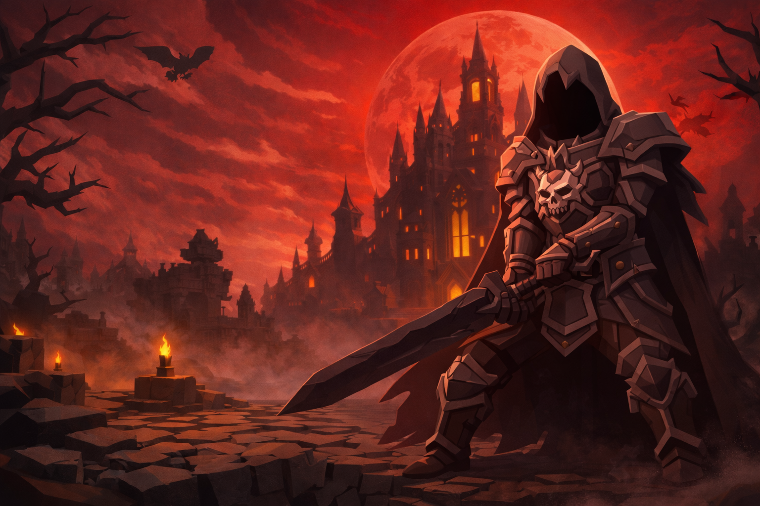 Ember Quest - A skeletal warrior in dark armor stands before a gothic castle under a blood red moon